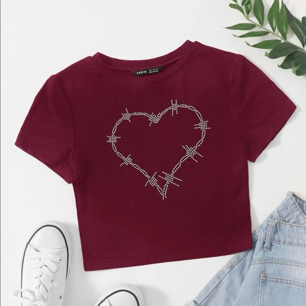 S Rhinestone Heart Pattern Tee Maroon